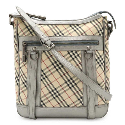 Burberry Beige Black Bordeaux Silver Canvas Leather Shoulder Bag ( )