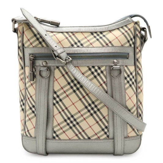 Burberry Beige Black Bordeaux Silver Canvas Leather Shoulder Bag ( )