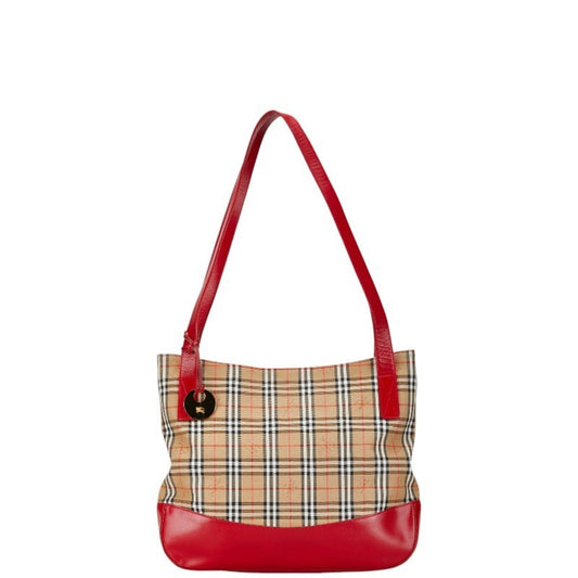 Burberry Beige Red Color Canvas Leather Shoulder Bag Tote Bag ( )