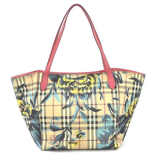 Burberry Beige Pink Coated Canvas Leather Handbag Tote Bag ( )