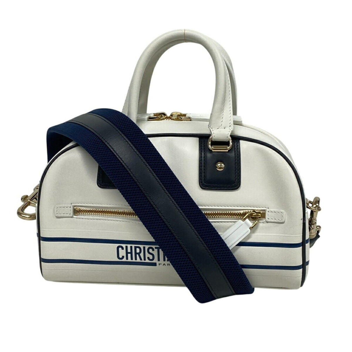 Christian Dior Navy White Leather Handbag Leather Rovelle Bags