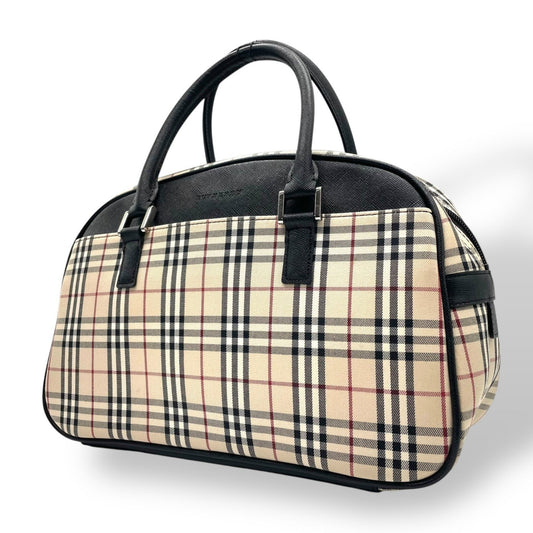Burberry Beige Black Canvas Leather Boston Bag Handbag ( )