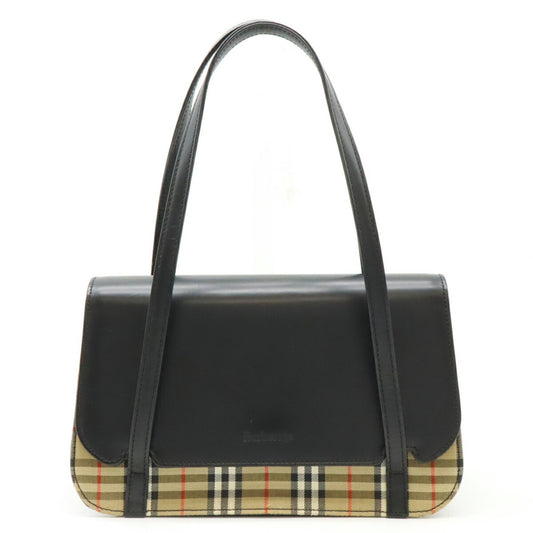 Burberry Beige Black Red Color Canvas Leather Handbag ( )