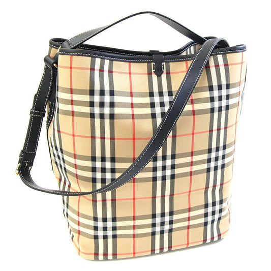 Burberry Beige Black Canvas Leather Shoulder Bag ( )