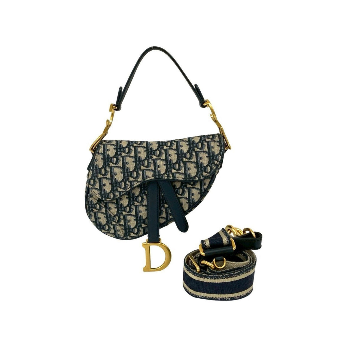Christian Dior Navy Leather Canvas Handbag Saddle Bag Shoulder Bag Rovelle Bags