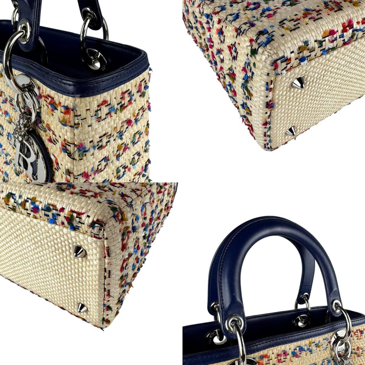 Christian Dior Beige Multi-Color Navy Raffia Leather Handbag Shoulder Bag Rovelle Bags