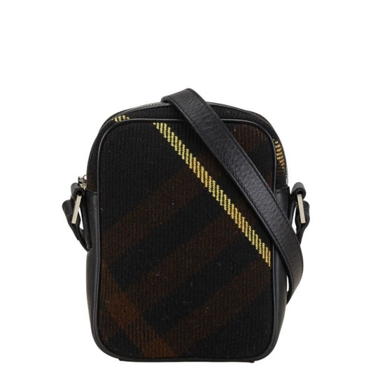 Burberry Black Brown Wool Leather Shoulder Bag ( )