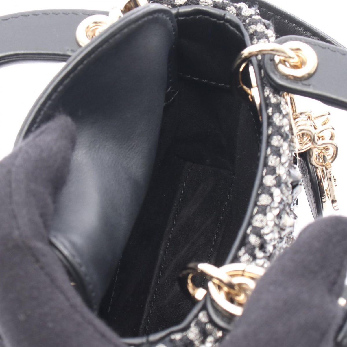 Christian Dior Lady Dior Black Clear Silver Leather Rhinestone Handbag Rovelle Bags