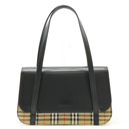 Burberry Beige Black Red Color Canvas Leather Handbag ( )