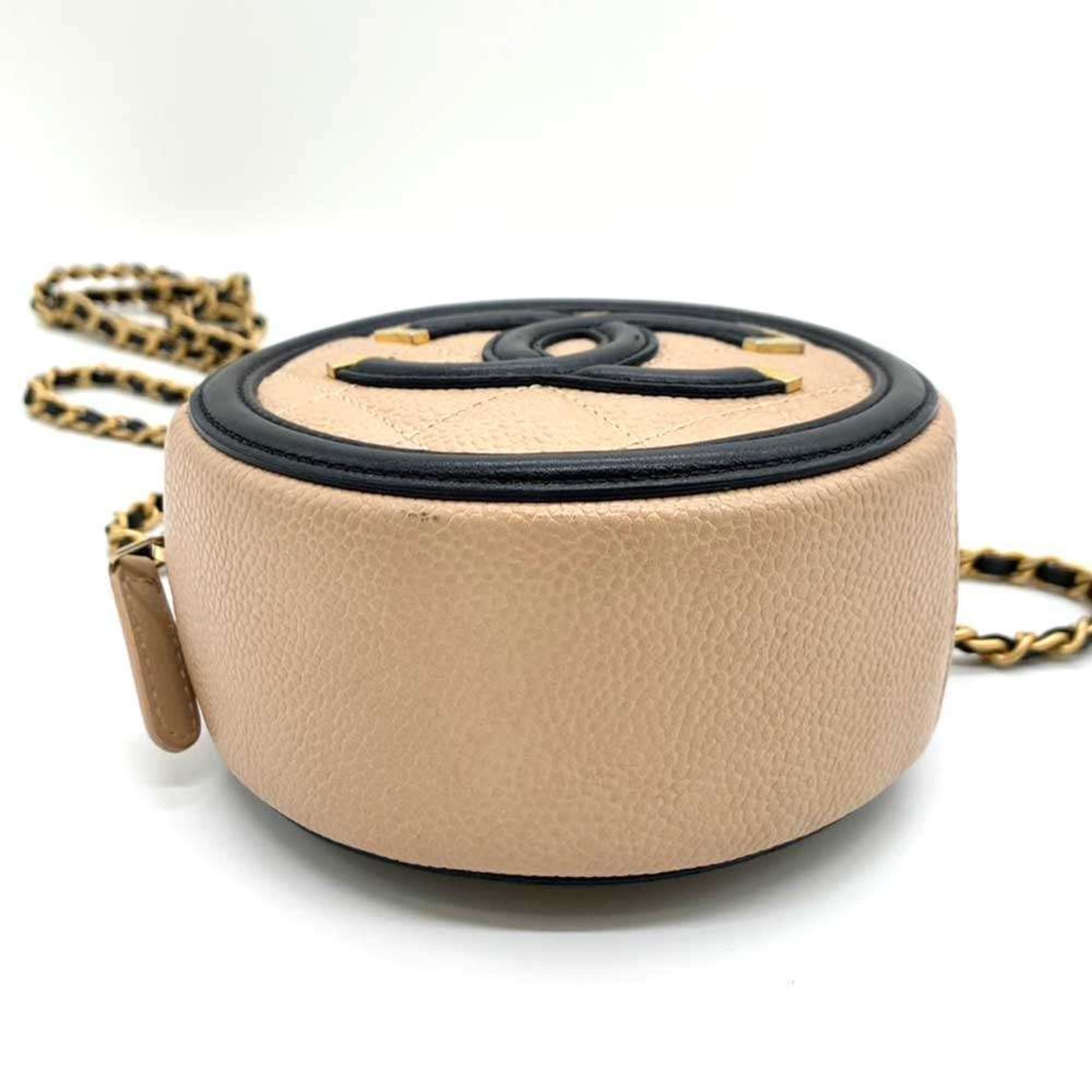 Chanel Bag CC Filigree Round Chain Shoulder Beige x Black Pochette Pouch Circle Crossbody Women's Caviar Skin Chanel Rovelle Bags