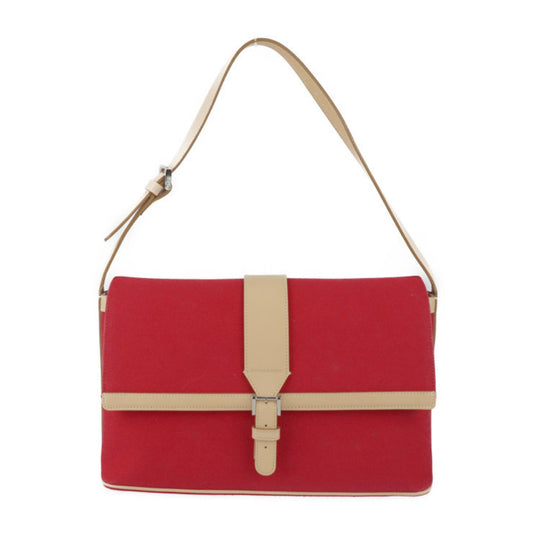Burberry Beige Red Color Canvas Leather Handbag Shoulder Bag Tote Bag ( )