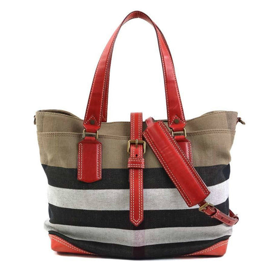 Burberry Black Brown Red Color Canvas Leather Shoulder Bag Tote Bag ( )