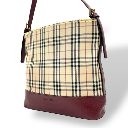 Burberry Beige Bordeaux Red Color Canvas Leather Handbag Shoulder Bag ( )