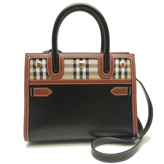 Burberry Beige Black Leather Canvas Tote Bag ( )