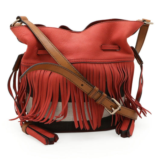 Burberry Brown Red Color Suede Canvas Leather Shoulder Bag ( )