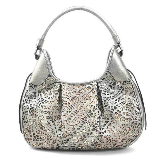 Burberry Beige Metallic Gray Leather Canvas Shoulder Bag ( )