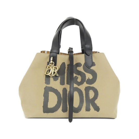 Christian Dior Beige Black Cotton Leather Handbag Rovelle Bags
