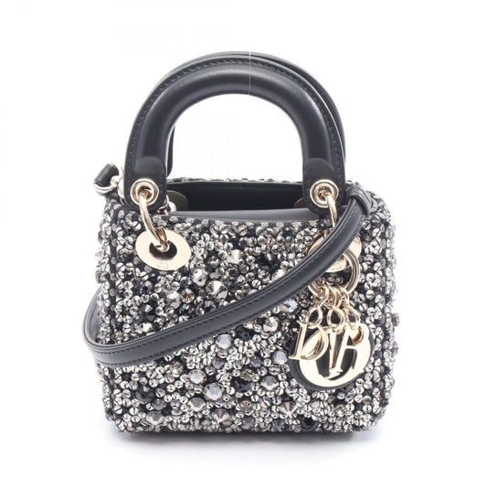 Christian Dior Lady Dior Black Clear Silver Leather Rhinestone Handbag Rovelle Bags
