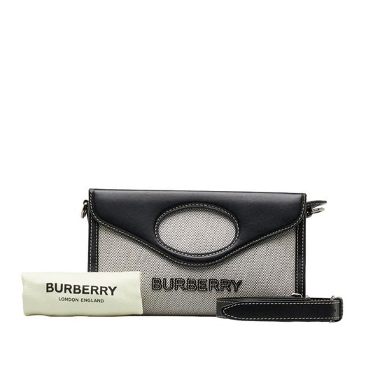 Burberry Black Gray Cotton Canvas Leather Handbag Shoulder Bag ( )
