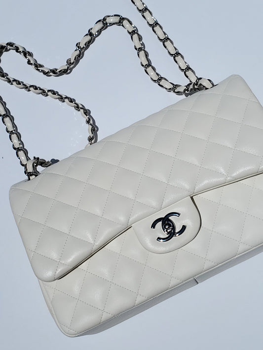 Chanel White Lambskin Leather Quilted Jumbo Classic Flap Bag Rovelle Bags