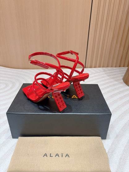 ALAIA THREE-STRAPS HIGH HEEL SANDALS IN CHERRY RED PATENT LAMBSKIN