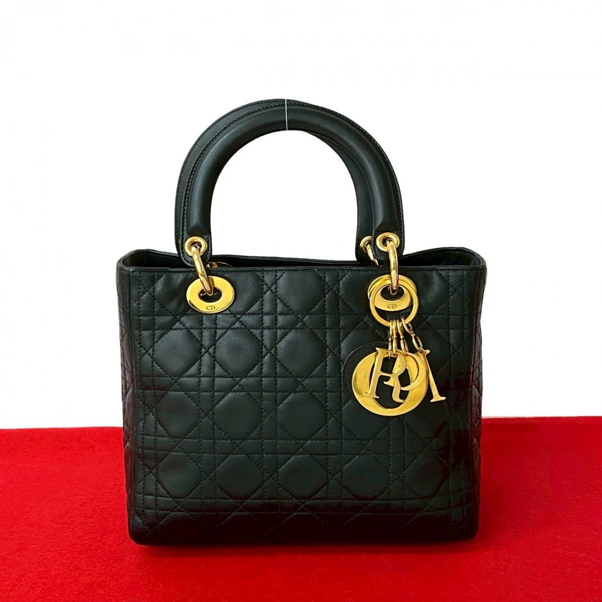 Dior Handbag leather black Cannage stitch Lady Dior Women Rovelle Bags