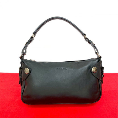 Prada Shoulder Bag Leather Black Logo Metal Women Rovelle Bags