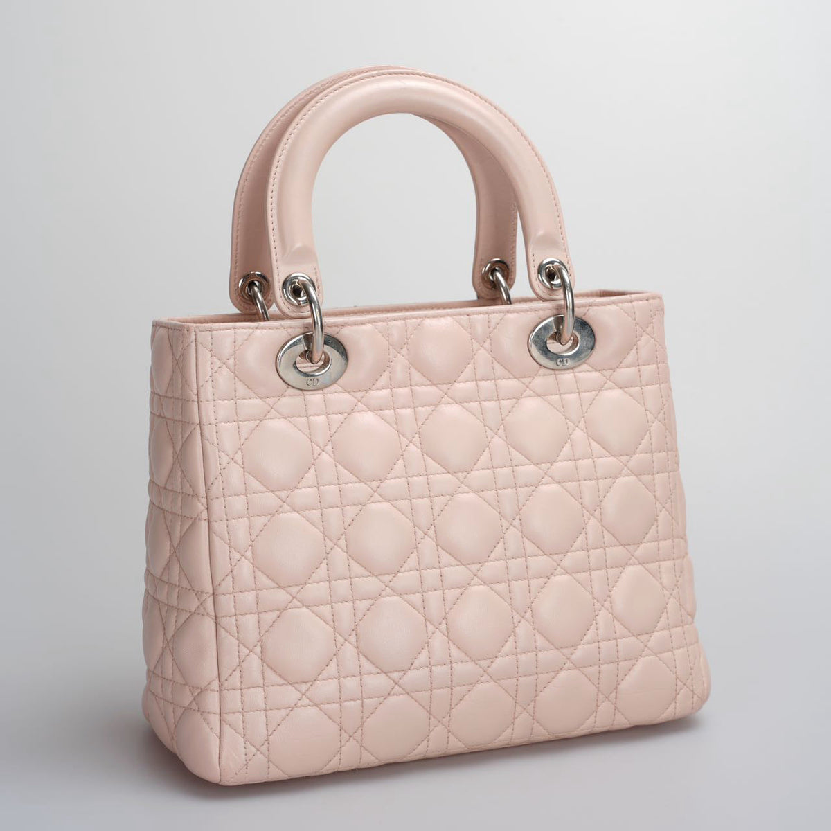 Christian Dior Pink Medium Lady Dior Bag In Cannage Lambskin Leather With Silver Hardware Rovelle Bags