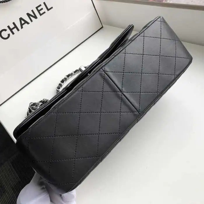 Chanel Classic Double Flap 30 Shoulder Bag Black Silver Hardware