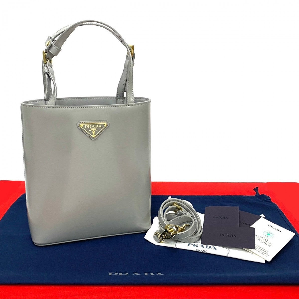 Prada Shoulder Bag Leather Gray Triangle Logo Metal Women Rovelle Bags