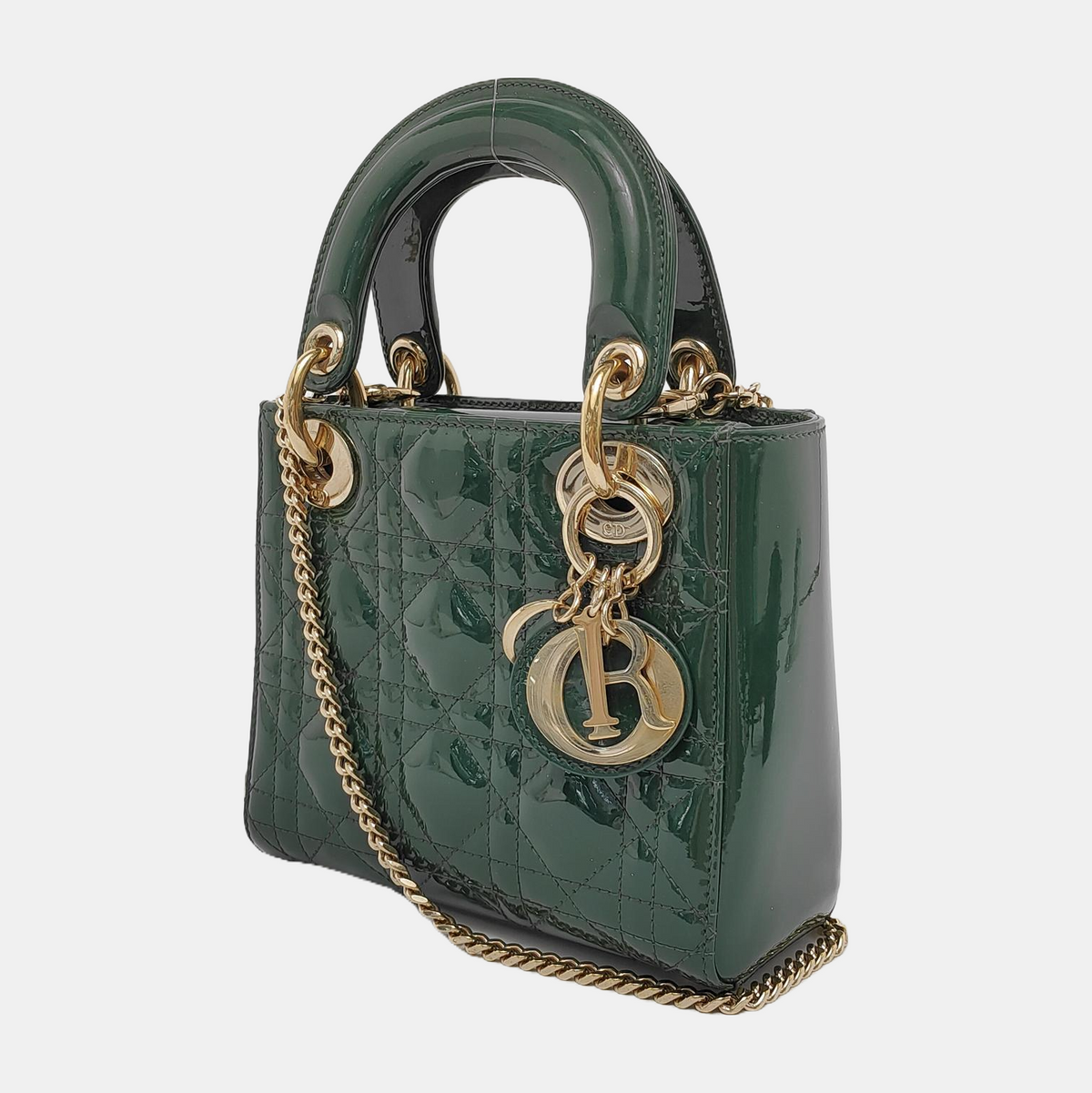 Lady Dior Mini Dark Green Patent Leather Bag with gold hardware Chain Strap Rovelle Bags