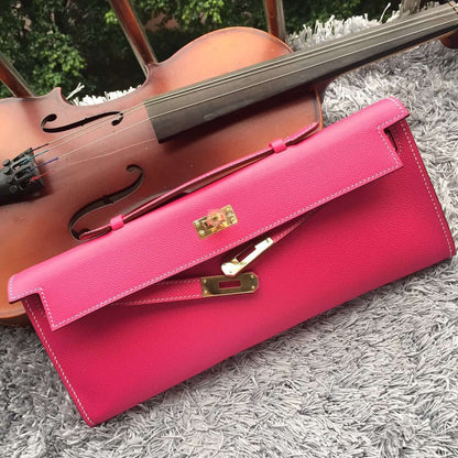 Luxury Hermes Rose Red Handcrafted Kelly Cut Clutch