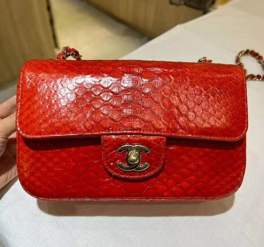 Chanel Red Classic Python Mini Rectangular Flap Bag Rovelle Bags