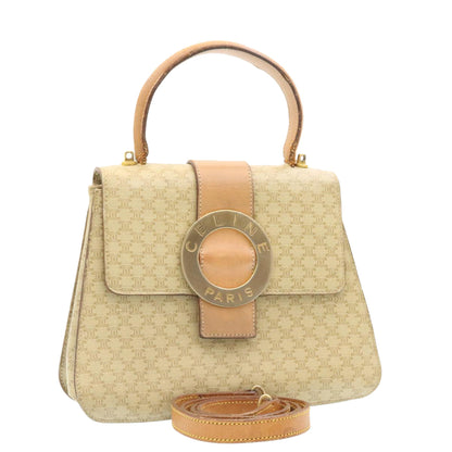 Luxury CELINE Macadam Circle Logo 2Way Shoulder Hand Bag PVC Leather Beige 25937