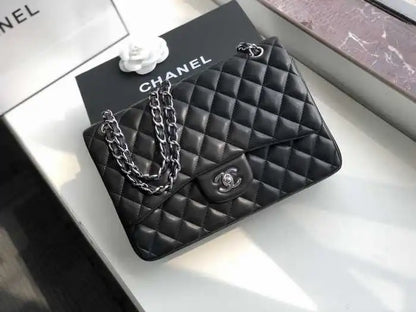 Chanel Classic Double Flap 30 Shoulder Bag Black Silver Hardware