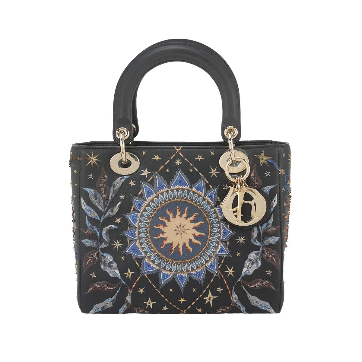 Lady Dior Medium Nature Ballet Star Embroidery Handbag Black Calfskin Leather Gold Hardware Rovelle Bags