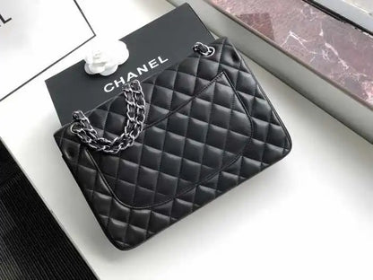 Chanel Classic Double Flap 30 Shoulder Bag Black Silver Hardware