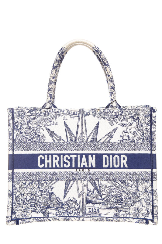 Christian Dior 2022 Navy And Ivory Medium Toile De Jouy Embroidery Tote Rovelle Bags