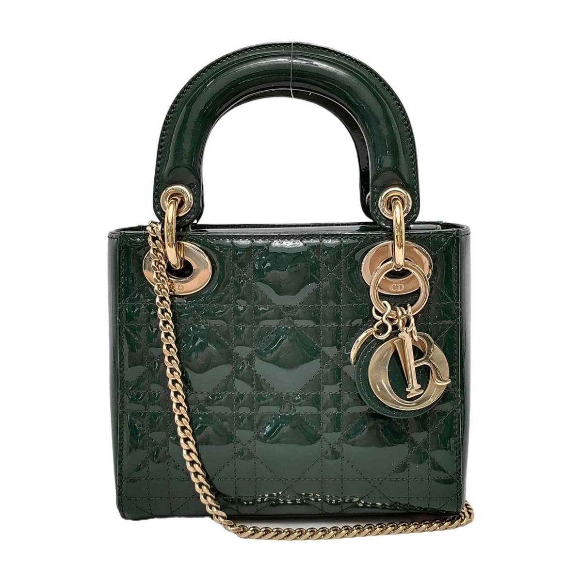 Lady Dior Mini Dark Green Patent Leather Bag with gold hardware Chain Strap Rovelle Bags