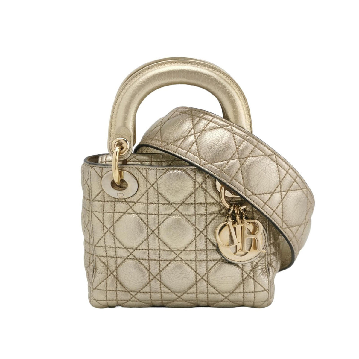 Lady Dior Mini Supple Calfskin Leather Gold Cannage Handbag with Strap Rovelle Bags