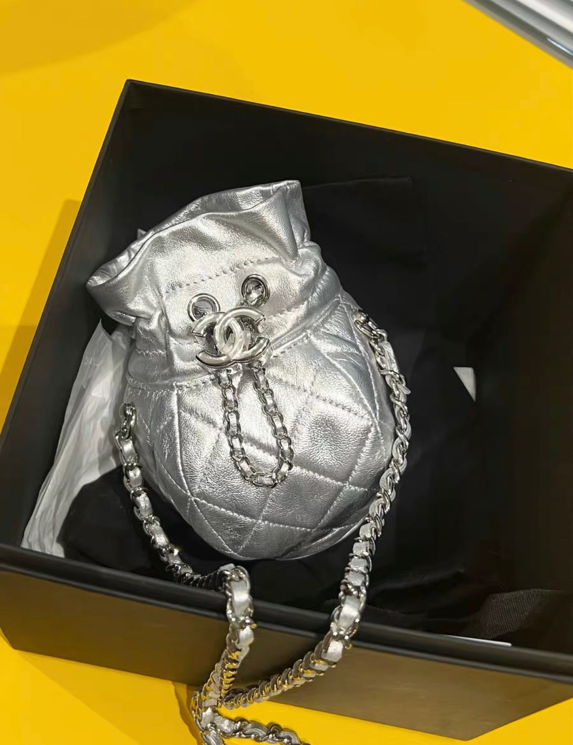 Chanel 23Ss Mini Metallic Quilted Bucket Bag Rovelle Bags