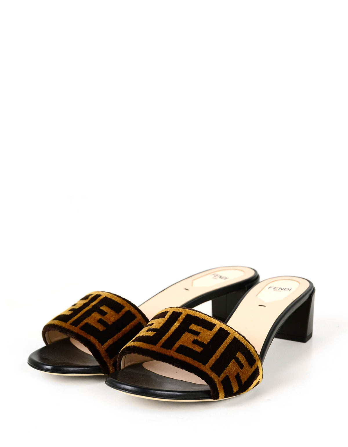 Fendi NEW Logo Print Velvet & Leather Mules sz 39.5 Rovelle Bags