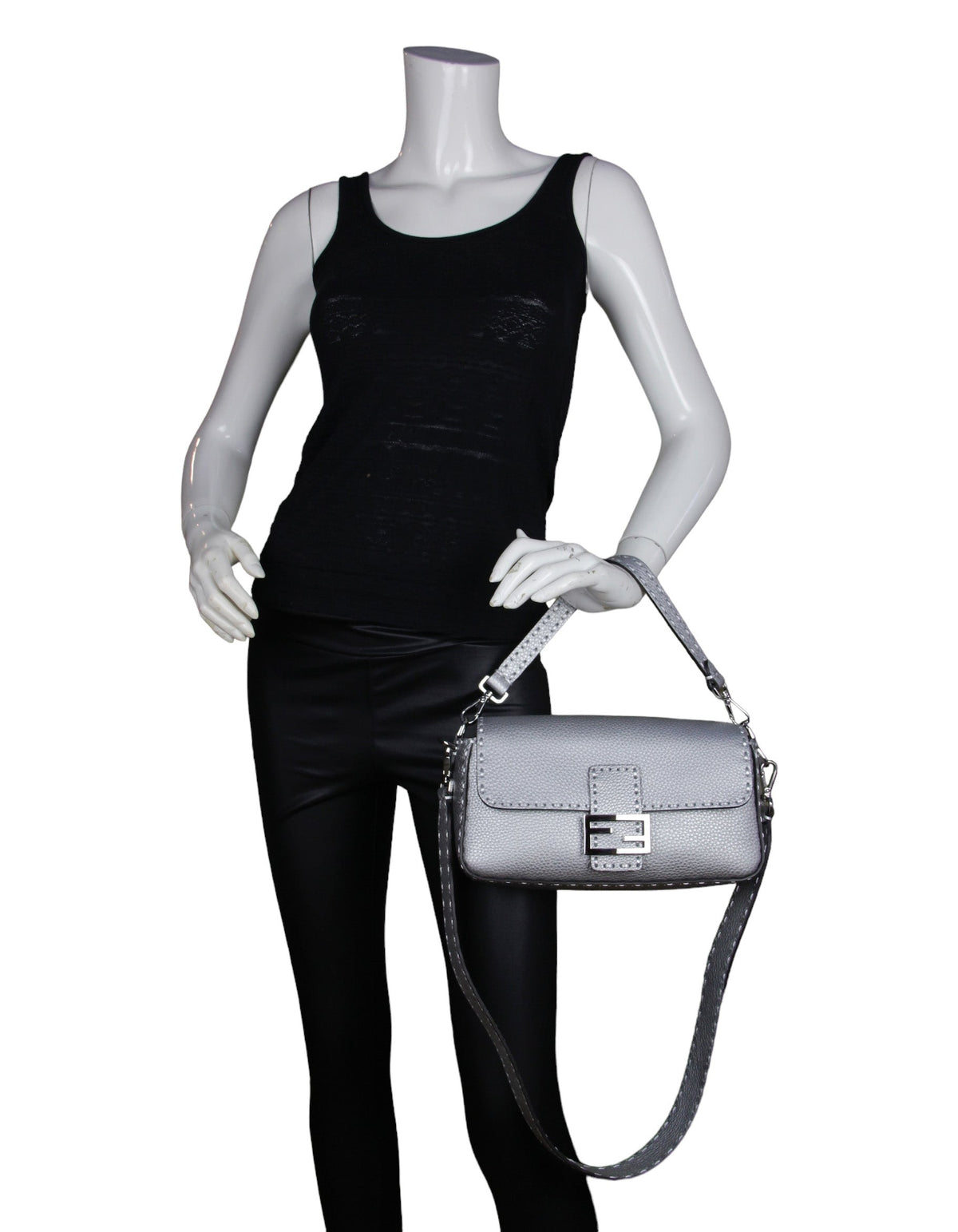 Fendi Silver Selleria Leather Baguette Bag w/ Oversized Topstitching Rovelle Bags