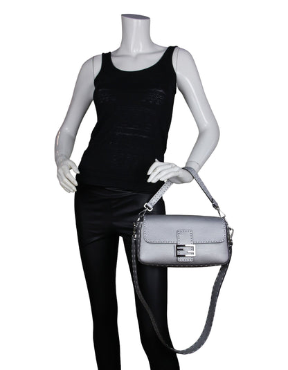 Fendi Silver Selleria Leather Baguette Bag w/ Oversized Topstitching Rovelle Bags