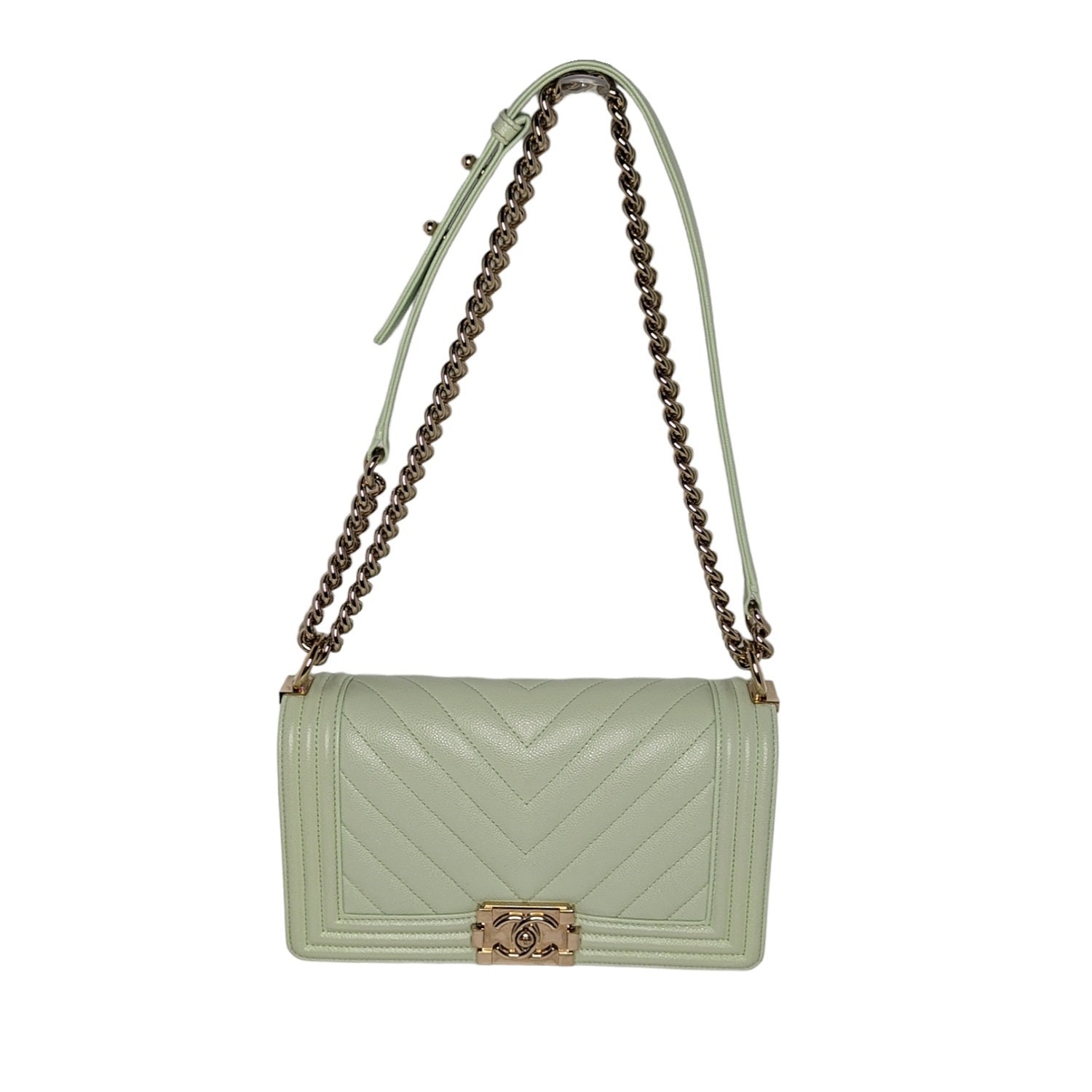 Chanel bag Caviar Chevron Quilted Medium Boy Flap Light Green Rovelle Bags