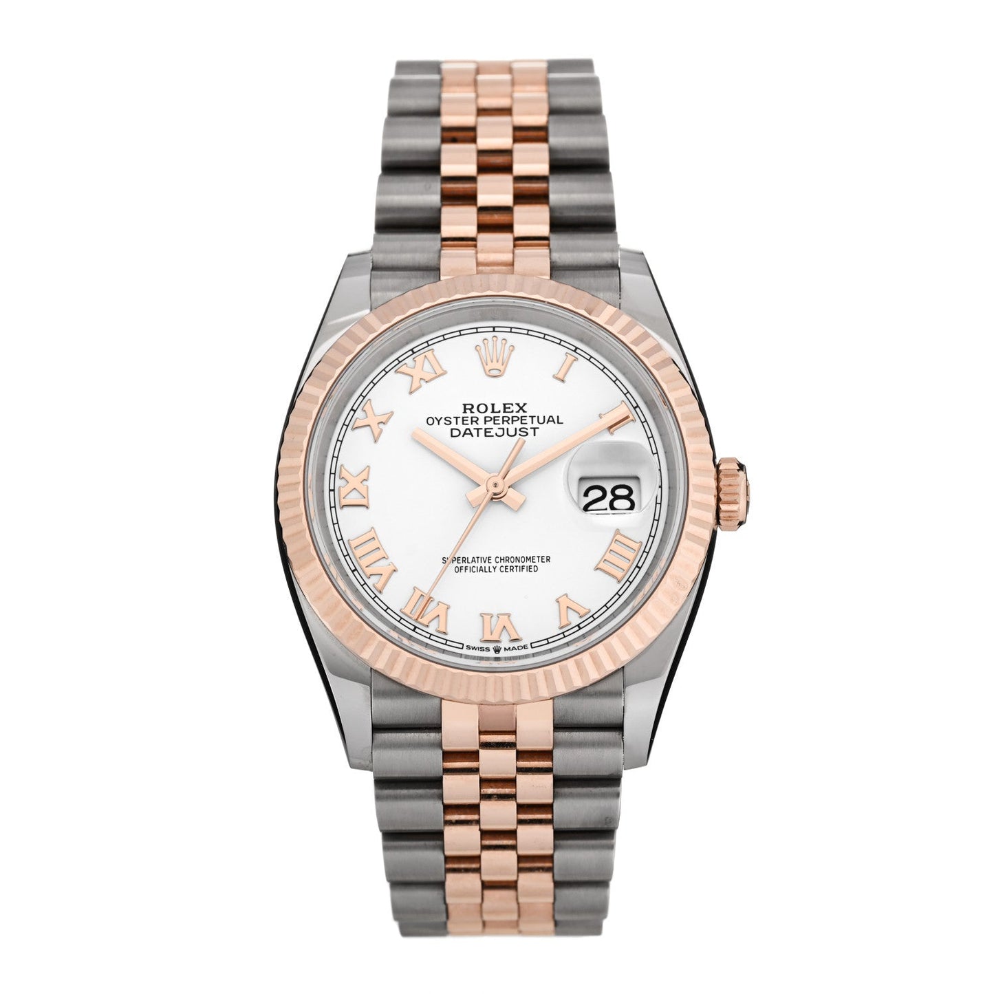 Stainless Steel 18K Everose Gold 36mm Oyster Perpetual Datejust Watch White Roman 126231