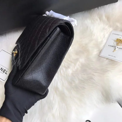 Chanel Classic Double Flap 30 Caviar Shoulder Bag Black Golden Hardware