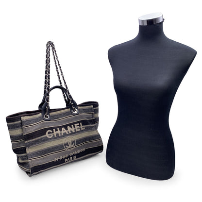 Chanel Black Grey Striped Canvas Medium Deauville Tote Bag Rovelle Bags