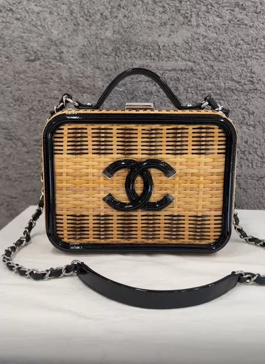 Chanel Vanity Case Beige Black Rattan Patent Calfskin Silver-Tone Metal Rovelle Bags