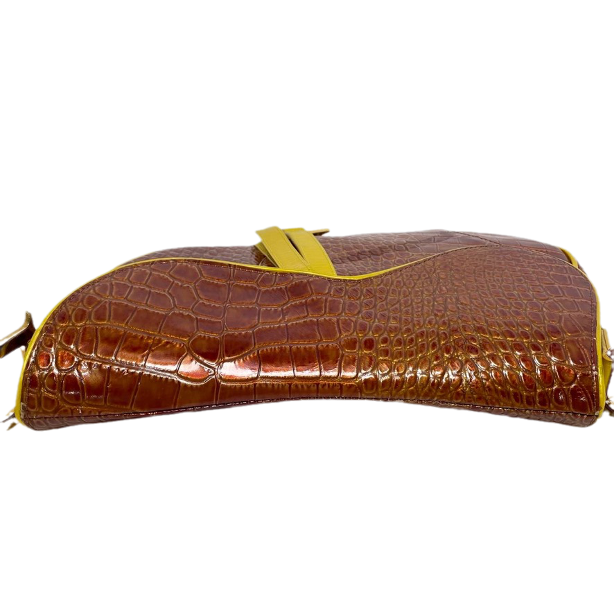 Dior Saddle Brown Medium Crocodile embossed Leather Handbag Rovelle Bags